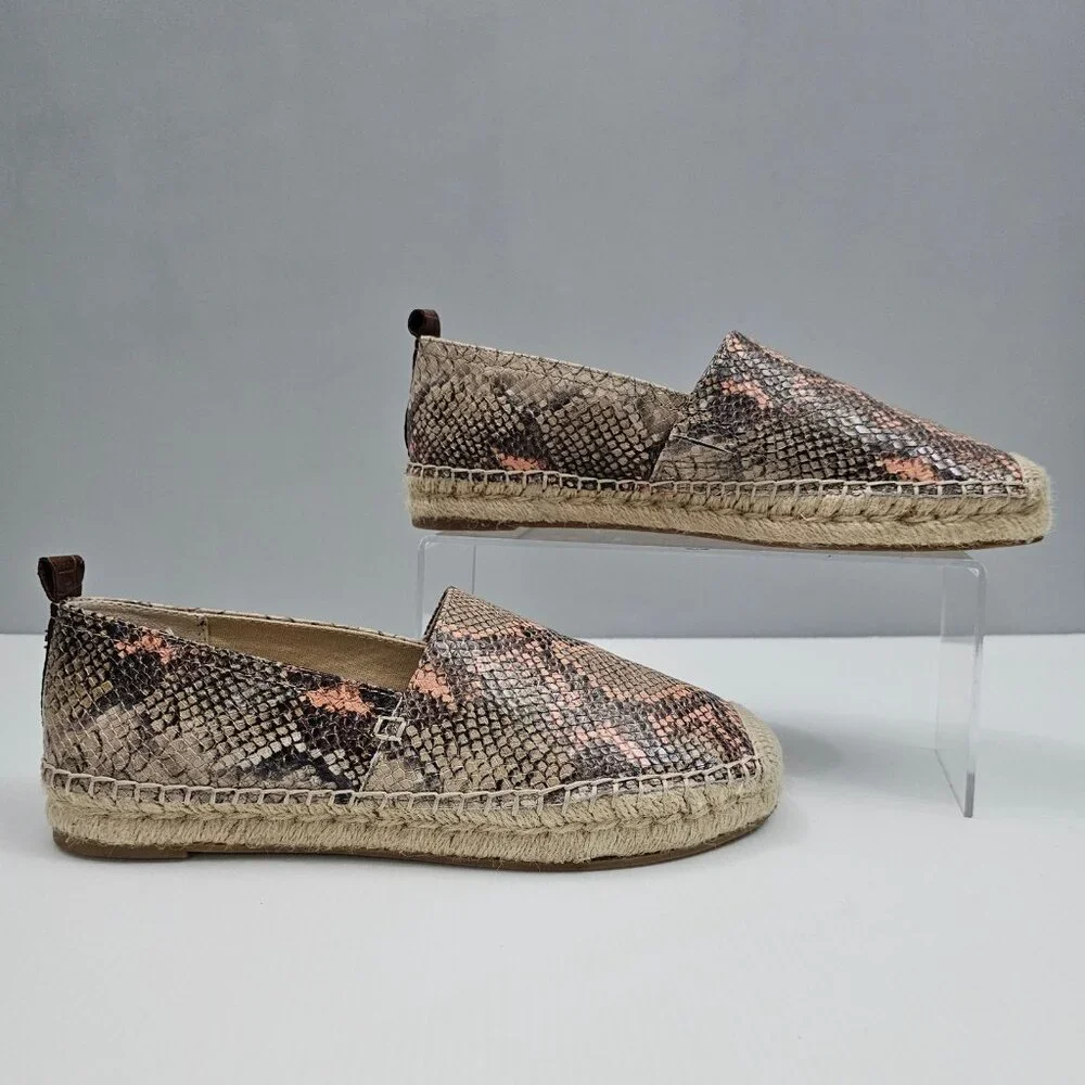 Sam Edelman Khloe Espadrille Flat Womens 8 Peach Snake Print Leather Slip On NEW